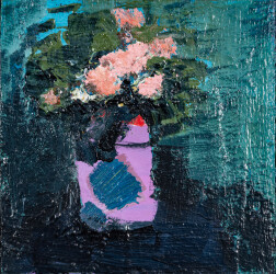 This small contemporary abstract painting has a floral theme featuring blues, magenta and coral colours.