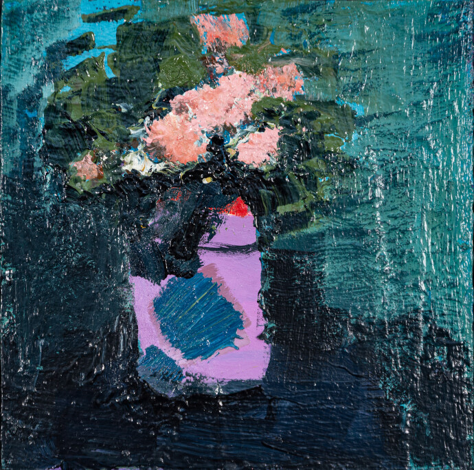 This small contemporary abstract painting has a floral theme featuring blues, magenta and coral colours.