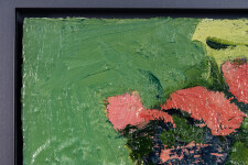 This abstract contemporary oil painting has a floral theme featuring the colours coral, green and lemon. Image 4