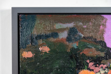 This large abstract contemporary painting has a floral theme and features the colours blue and magenta. Image 5