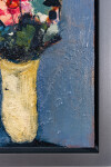 This abstract contemporary oil painting has a floral theme featuring the colours pink and blue. Image 5
