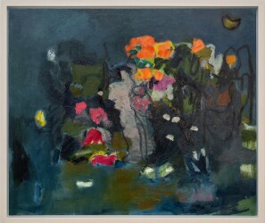 This abstract contemporary still life painting has a floral theme and was created by Jennifer Hornyak.