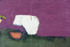 A bouquet of yellow in a vase of mauve sits in a landscape of forest green and magenta in this delightful oil by Jennifer Hornyak. Image 5