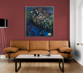 This large abstract contemporary oil painting has a floral theme rendered in blue and green. Image 13