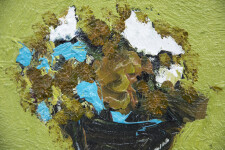 Foliage lit with sea blue and white on a fresh celadon ground are rendered in layered expressive brushwork in this intimate oil painting on … Image 4