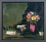 This abstract contemporary oil painting has a floral theme rendered in magenta and orange. Image 2