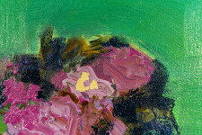 This abstract contemporary oil painting has a floral theme featuring the colours pink and blue. Image 7