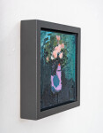 This small contemporary abstract painting has a floral theme featuring blues, magenta and coral colours. Image 3