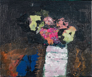 This abstract contemporary colourful oil painting has a floral theme.