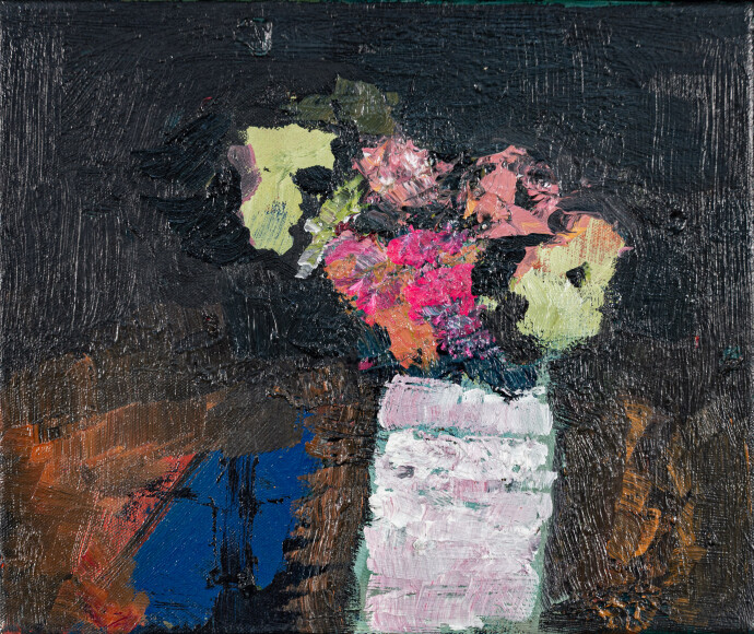 This abstract contemporary colourful oil painting has a floral theme.