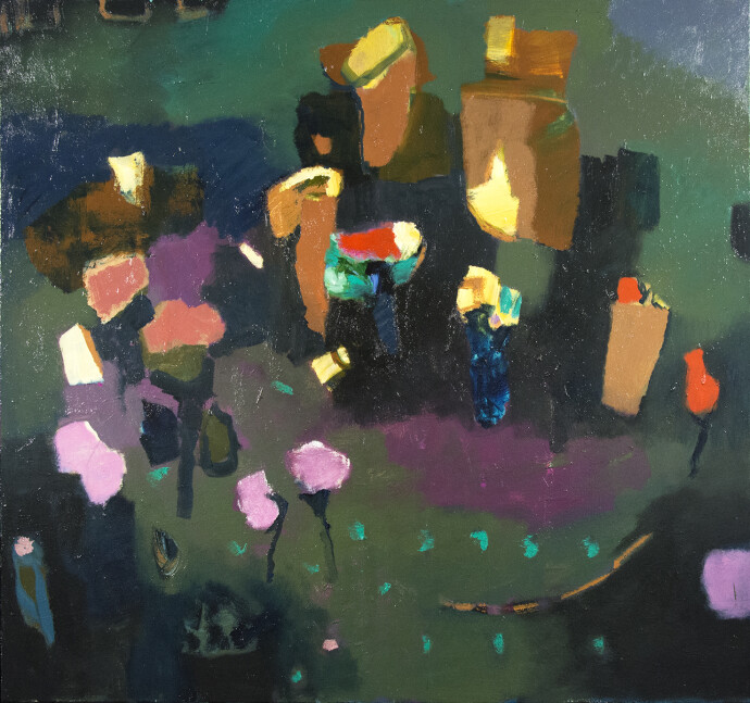 Lit with pink and amber this large scale still life of flowers by Jennifer Hornyak verges on abstraction.