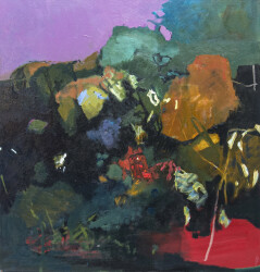 Expressive layered passages of bronze, periwinkle, red and turquoise with highlights of yellow are framed by dark green foliage in this rich…