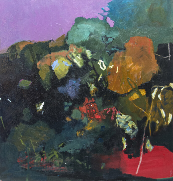 Expressive layered passages of bronze, periwinkle, red and turquoise with highlights of yellow are framed by dark green foliage in this rich…