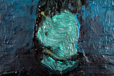 This contemporary abstract painting has a floral theme rendered in turquoise and orange. Image 6