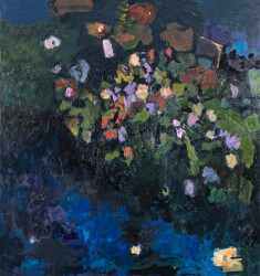 This large abstract contemporary oil painting has a floral theme rendered in blue and green.