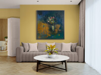 This large abstract contemporary oil painting has a floral theme rendered in blue and ochre. Image 13