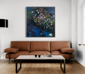 This large abstract contemporary oil painting has a floral theme rendered in blue and green. Image 12