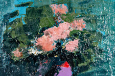 This small contemporary abstract painting has a floral theme featuring blues, magenta and coral colours. Image 6