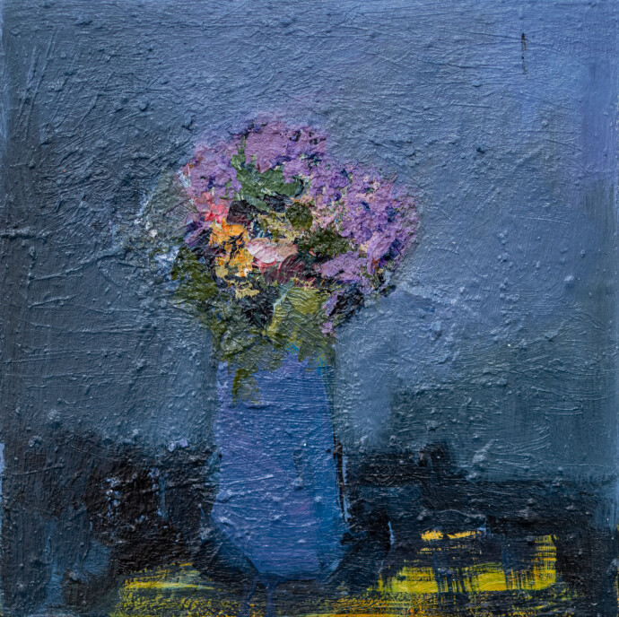 This abstract oil painting of flowers is by Jennifer Hornyak.