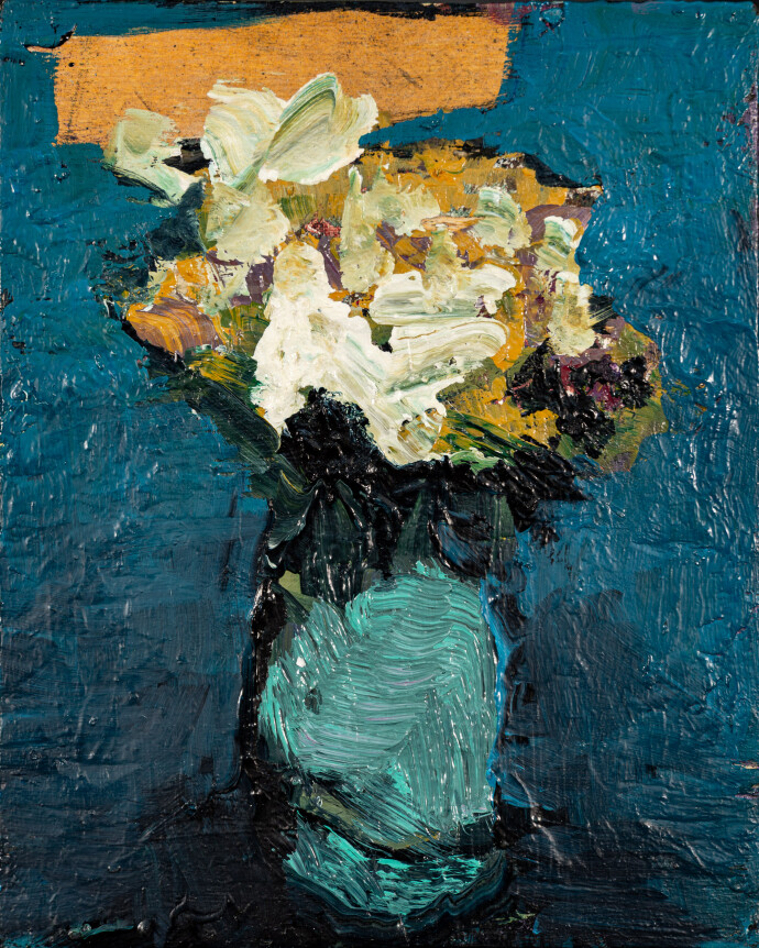 This contemporary abstract painting has a floral theme rendered in turquoise and orange.