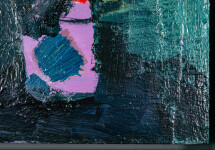 This small contemporary abstract painting has a floral theme featuring blues, magenta and coral colours. Image 5
