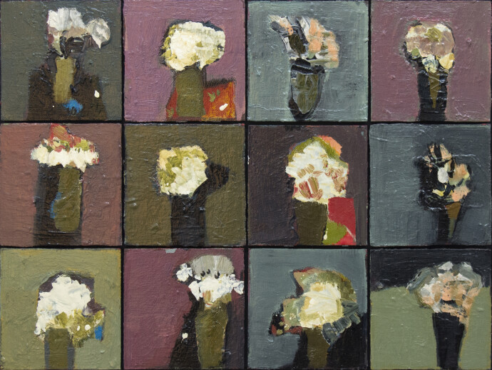 The colours of an Italian countryside - naples yellow, lavender flowers - feature in this abstracted still life.