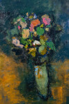 This large abstract contemporary oil painting has a floral theme rendered in blue and ochre. Image 8