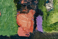 This abstract contemporary oil painting has a floral theme featuring the colours coral, green and lemon. Image 8