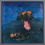 This contemporary oil painting is an abstract of a still life with a floral theme. Image 2