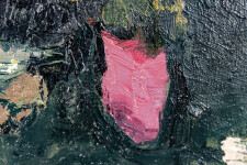 This abstract contemporary oil painting has a floral theme rendered in magenta and orange. Image 10