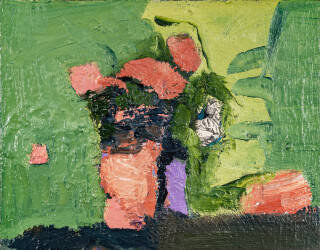 This abstract contemporary oil painting has a floral theme featuring the colours coral, green and lemon.