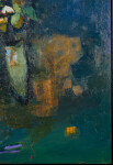 This large abstract contemporary oil painting has a floral theme rendered in blue and ochre. Image 7