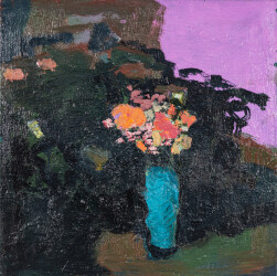This large abstract contemporary painting has a floral theme and features the colours blue and magenta.