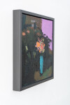 This large abstract contemporary painting has a floral theme and features the colours blue and magenta. Image 4