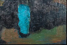 This large abstract contemporary painting has a floral theme and features the colours blue and magenta. Image 7