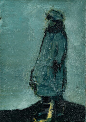 This contemporary figurative oil painting rendered in teal blue is by Jennifer Hornyak.