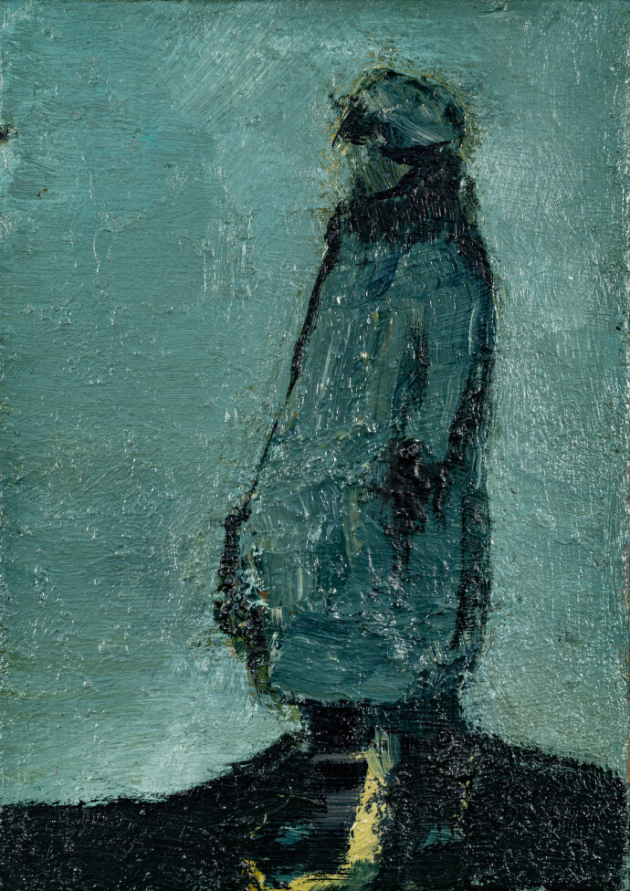 This contemporary figurative oil painting rendered in teal blue is by Jennifer Hornyak.