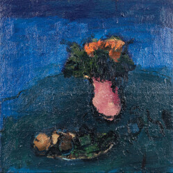 This contemporary oil painting is an abstract of a still life with a floral theme.