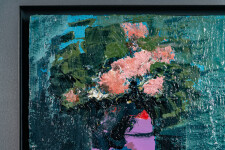 This small contemporary abstract painting has a floral theme featuring blues, magenta and coral colours. Image 4