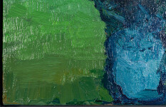 This abstract contemporary oil painting has a floral theme featuring the colours pink and blue. Image 6