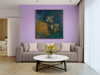 This large abstract contemporary oil painting has a floral theme rendered in blue and ochre. Image 12
