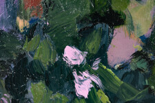 This large abstract contemporary oil painting has a floral theme rendered in blue and green. Image 9