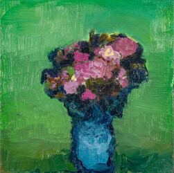 This abstract contemporary oil painting has a floral theme featuring the colours pink and blue.