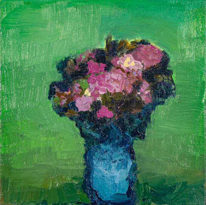 This abstract contemporary oil painting has a floral theme featuring the colours pink and blue.