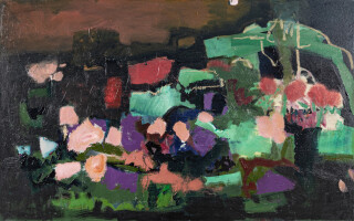 This contemporary abstract and colourful oil painting has a floral theme.