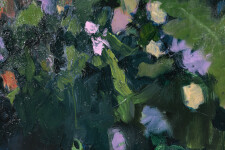 This large abstract contemporary oil painting has a floral theme rendered in blue and green. Image 7