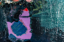 This small contemporary abstract painting has a floral theme featuring blues, magenta and coral colours. Image 7
