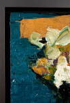 This contemporary abstract painting has a floral theme rendered in turquoise and orange. Image 7