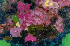 This abstract contemporary oil painting has a floral theme featuring the colours pink and blue. Image 9