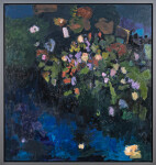 This large abstract contemporary oil painting has a floral theme rendered in blue and green. Image 2